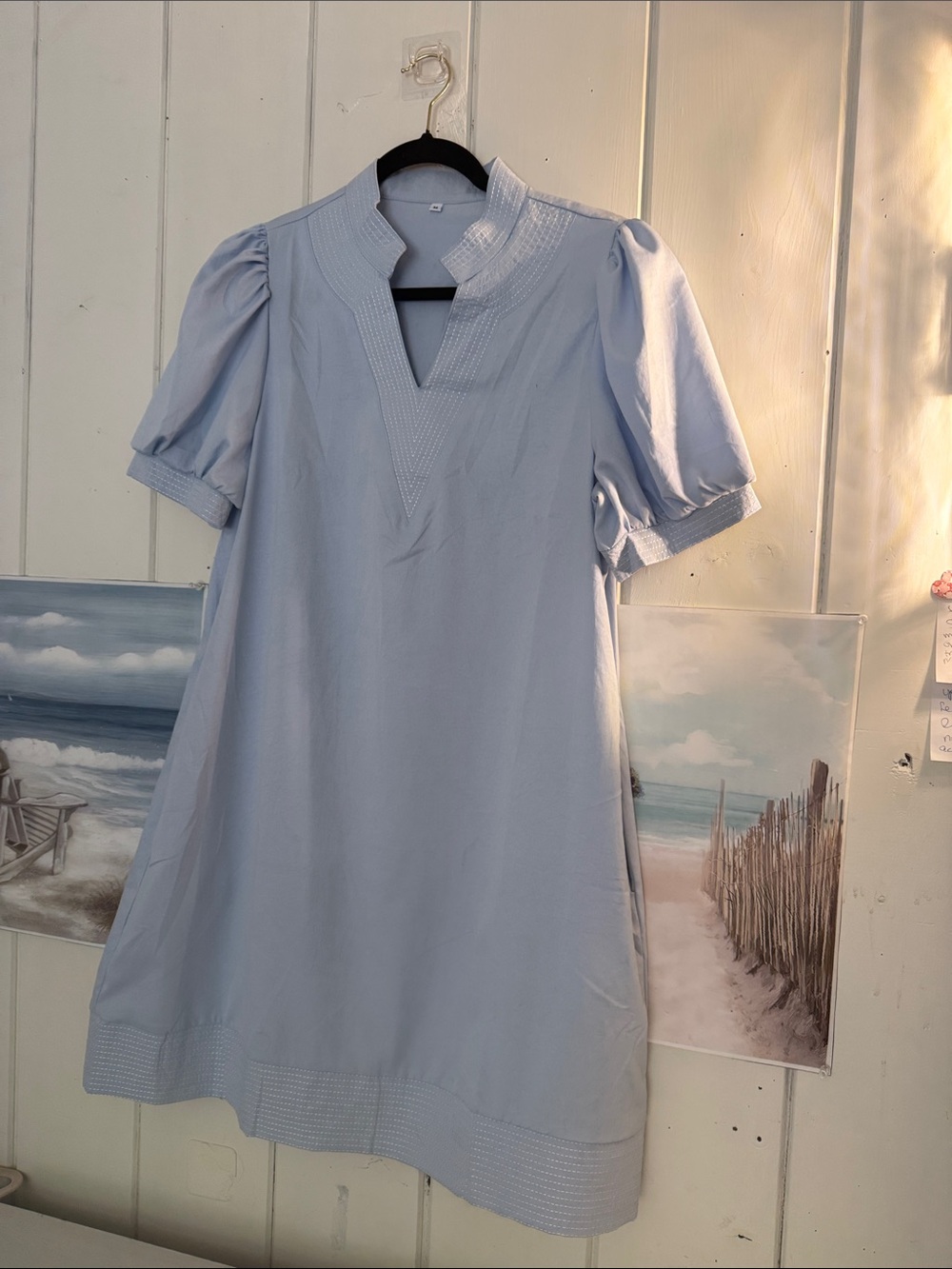 Light Blue Puff Sleeve V-Neck Shift Dress